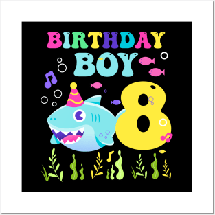 8th Birthday Boy Shark Funny B-day Gift For Kids Posters and Art